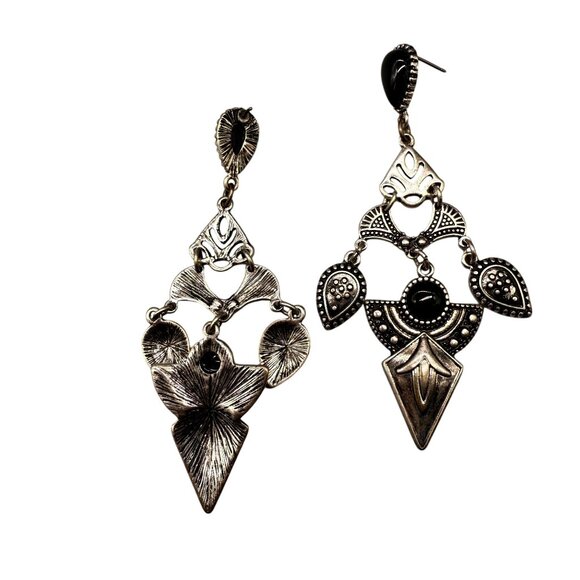 Faux Black Onyx Textured Dangle Drop Pierced Earrings Silver Tone Bohemian - Picture 4 of 5
